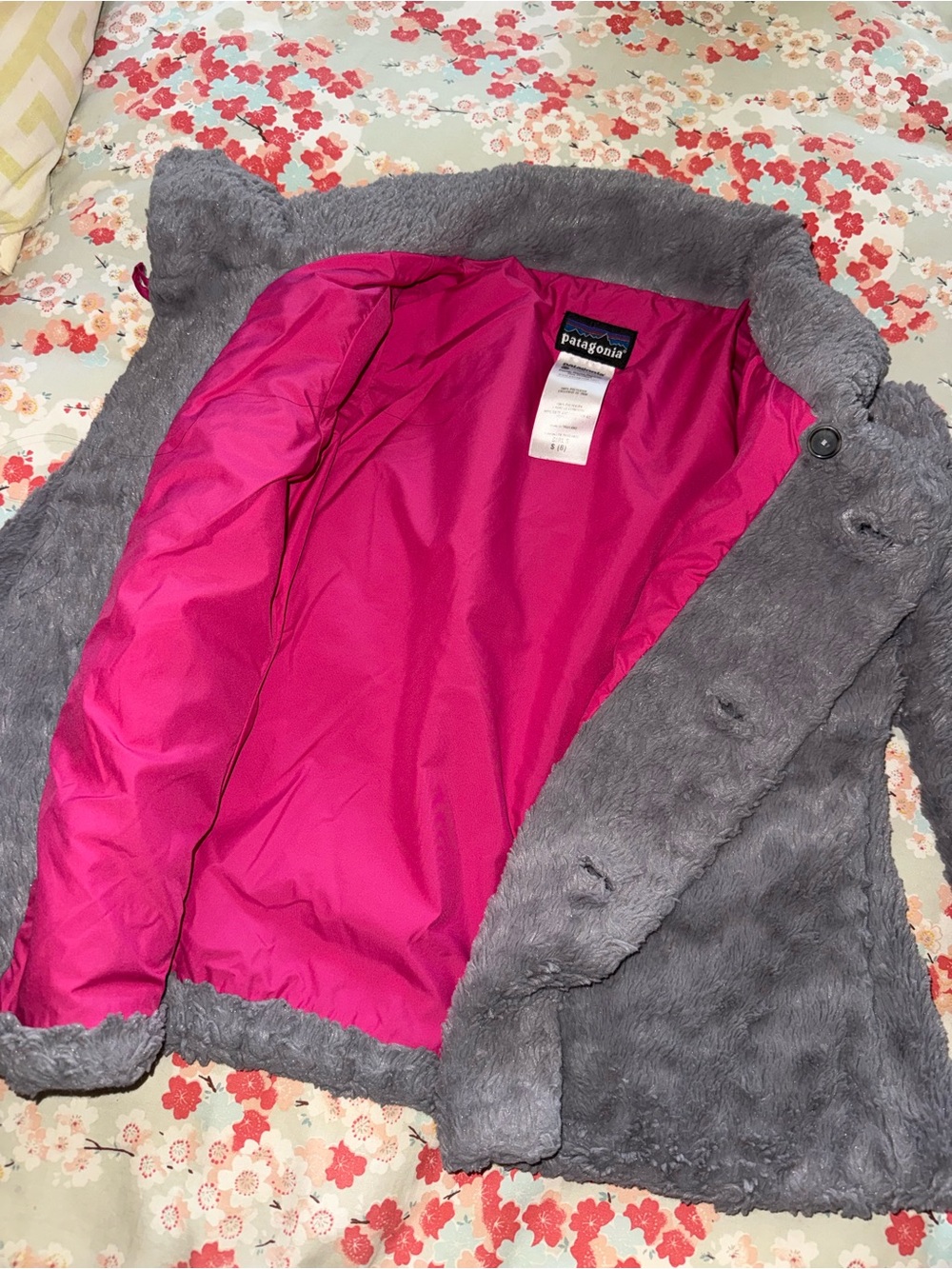 Patagonia Girls' Gray Faux-Fur Peacoat with Pink Lining - Picture 4 of 5
